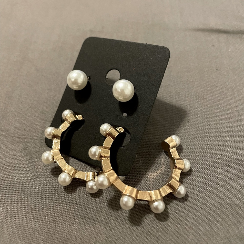 2-Pair Pearl Gold Hoop and White Pearl Studs Earrings Set